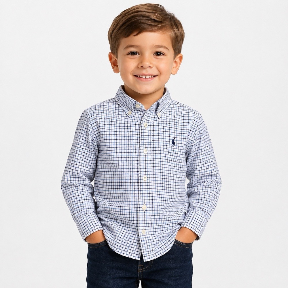 Ralph Lauren Boys Size 5 White Blue Check Cotton Button Down Shirt Long Sleeve